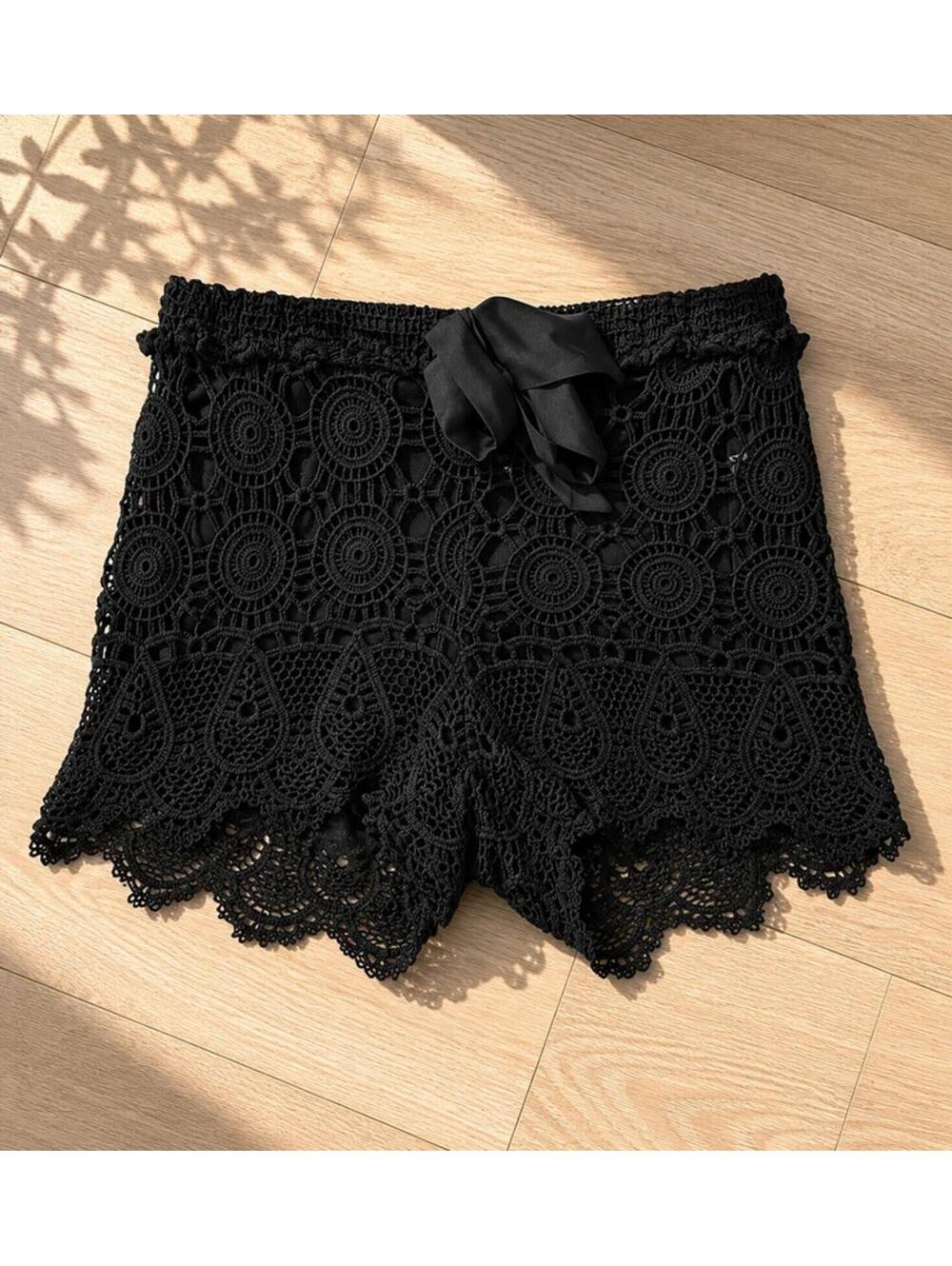 For Cynthia Beachwear Black Crochet Lace Shorts Boho Cover Up Size S/M